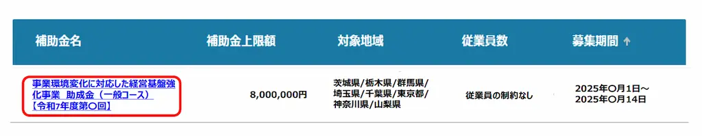 経営基盤強化事業（一般コース）選択画面
